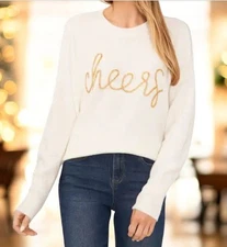 Vince Camuto White Sweater Gold Sequined CHEERS Word In Cursive Size M