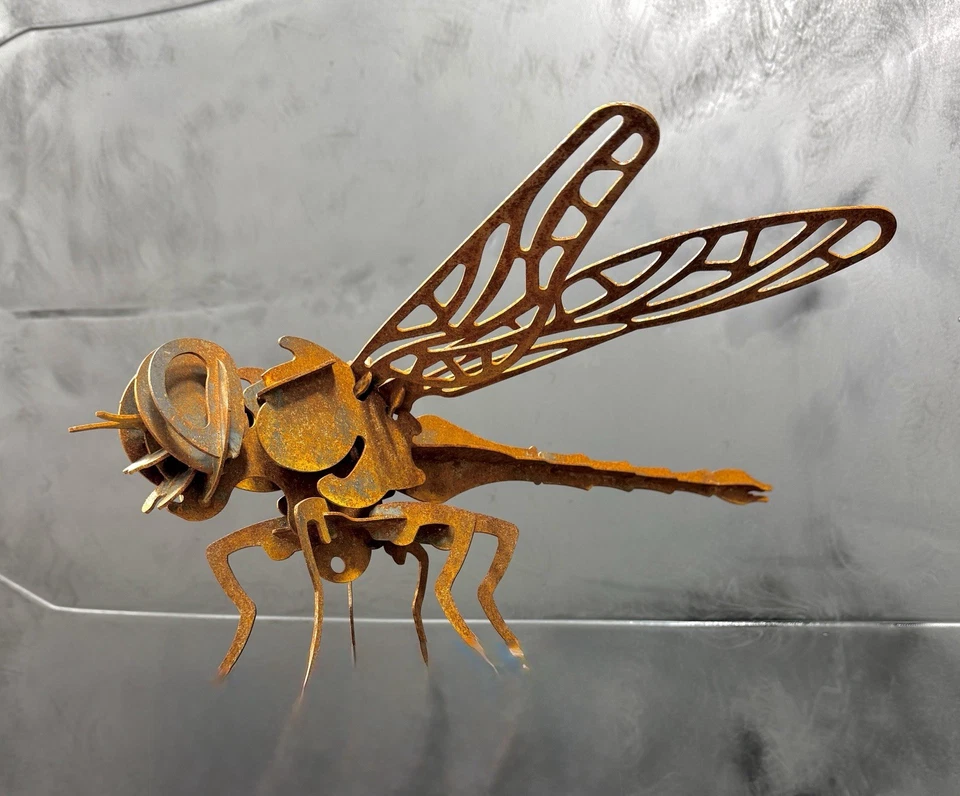 Escultura de libélula de metal hecha a mano - pátina rústica - pieza de arte única en su clase Foto 2 de 4