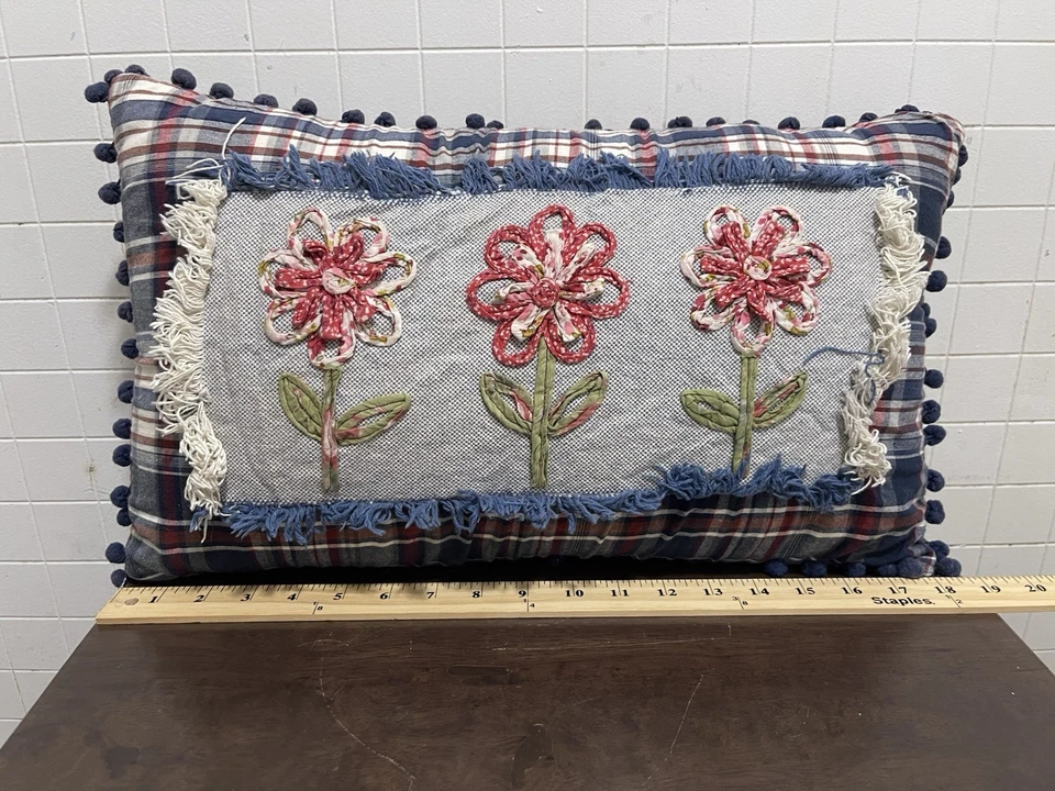 Pier 1 Imports Throw Accent Pillows Plaid Flowers Farmhouse Red White Blue - Image 2 of 4