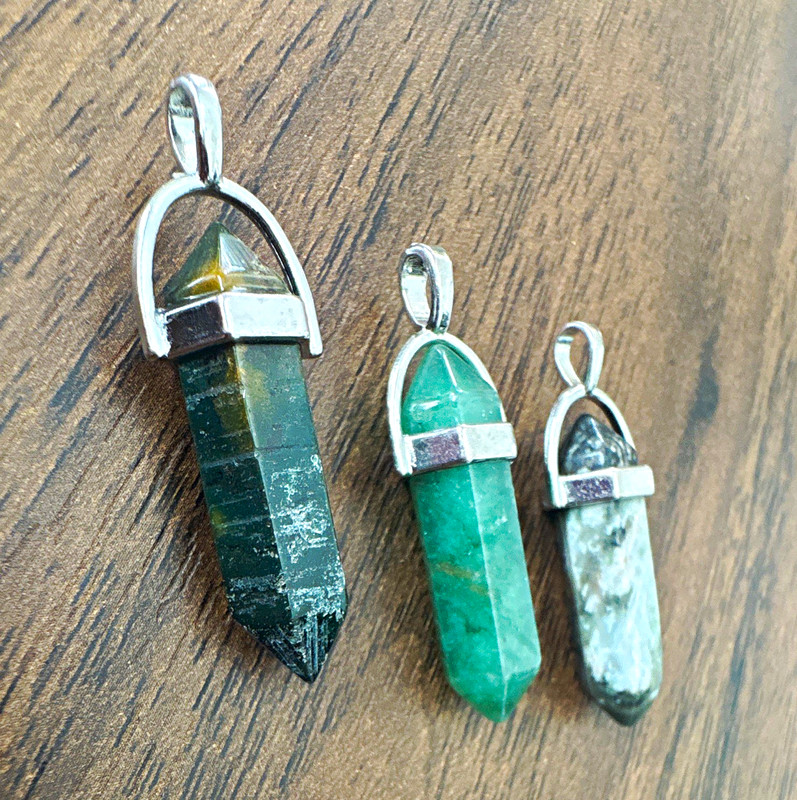 3pc Stone Hexagon Point Pendant Charm Lot w/ Silver Tone Bails Green Black