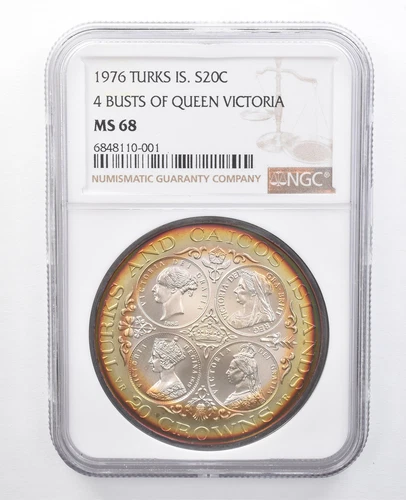 1976 Turks Is. 20 Crowns Silver Queen Victoria MS68 NGC Yellow/Orange Tone *7672