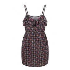 Whimsical Owl Print Ruffle Mini Dress Navy Blue Red Spaghetti Strap Large