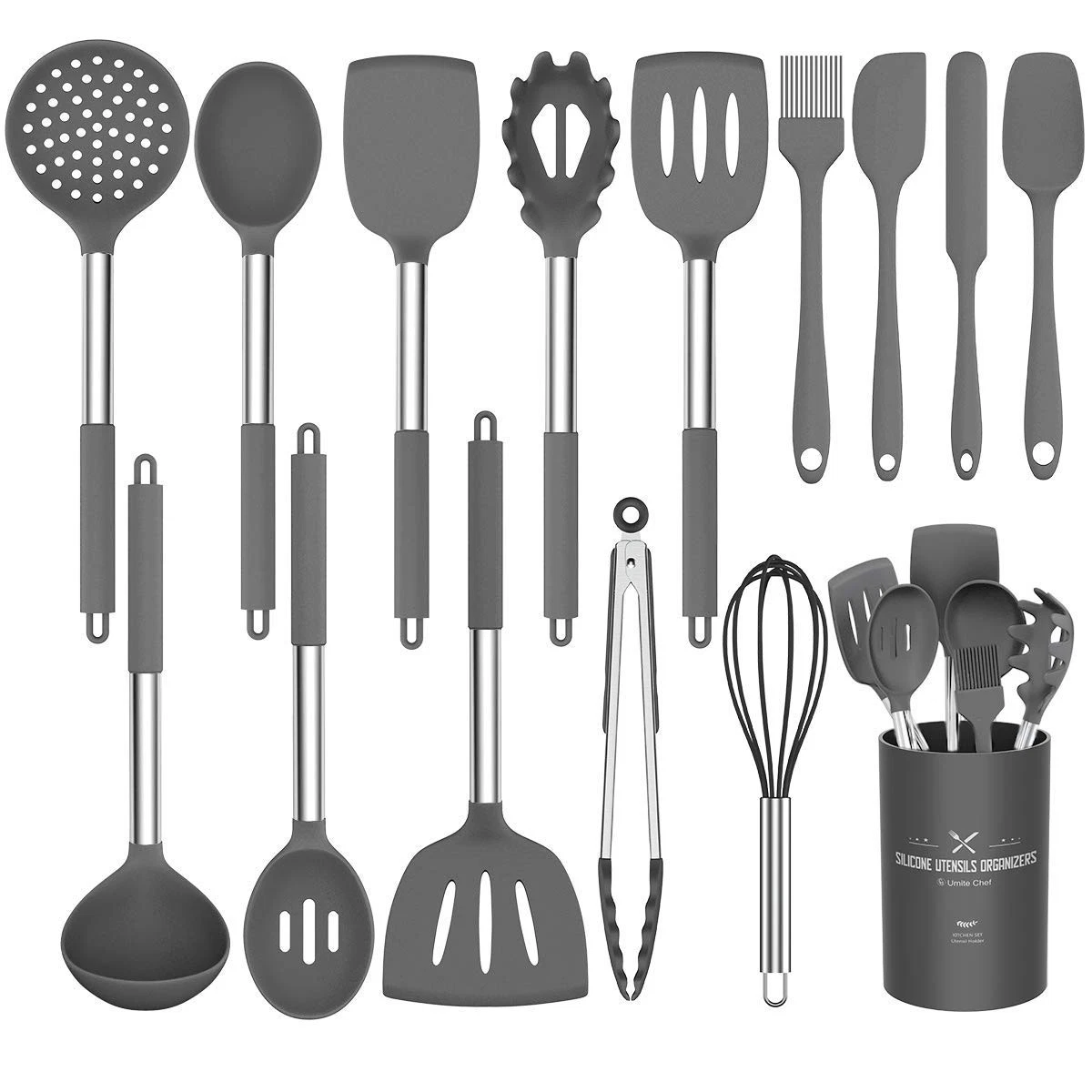 Stainless Steel Kitchen Cooking Utensil Set, Umite Chef 15 pcs Large, Gray