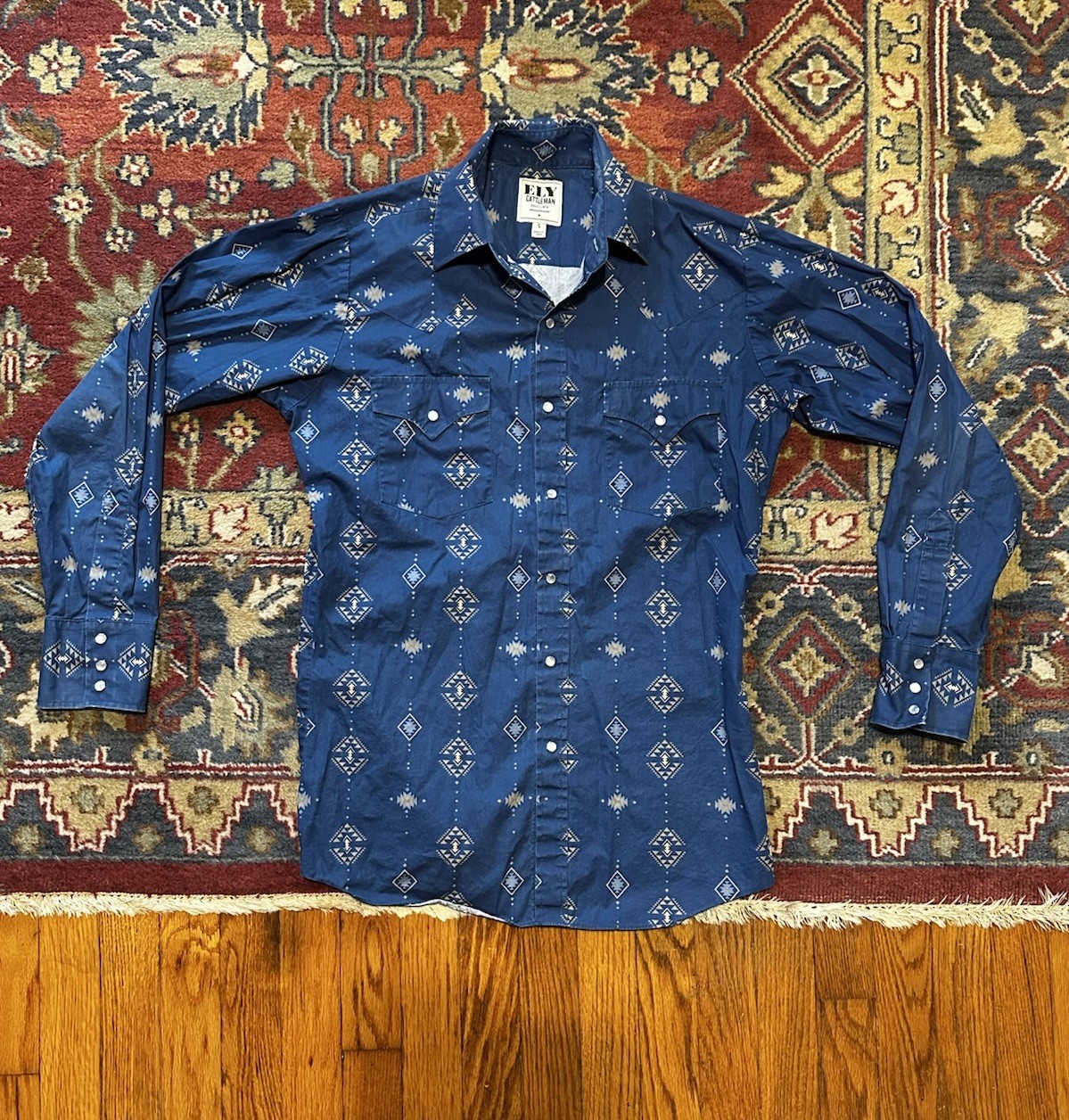 Ely Cattleman Men's Long Sleeve Western Shirt Blue, Tan Pearl Snap Small EUC