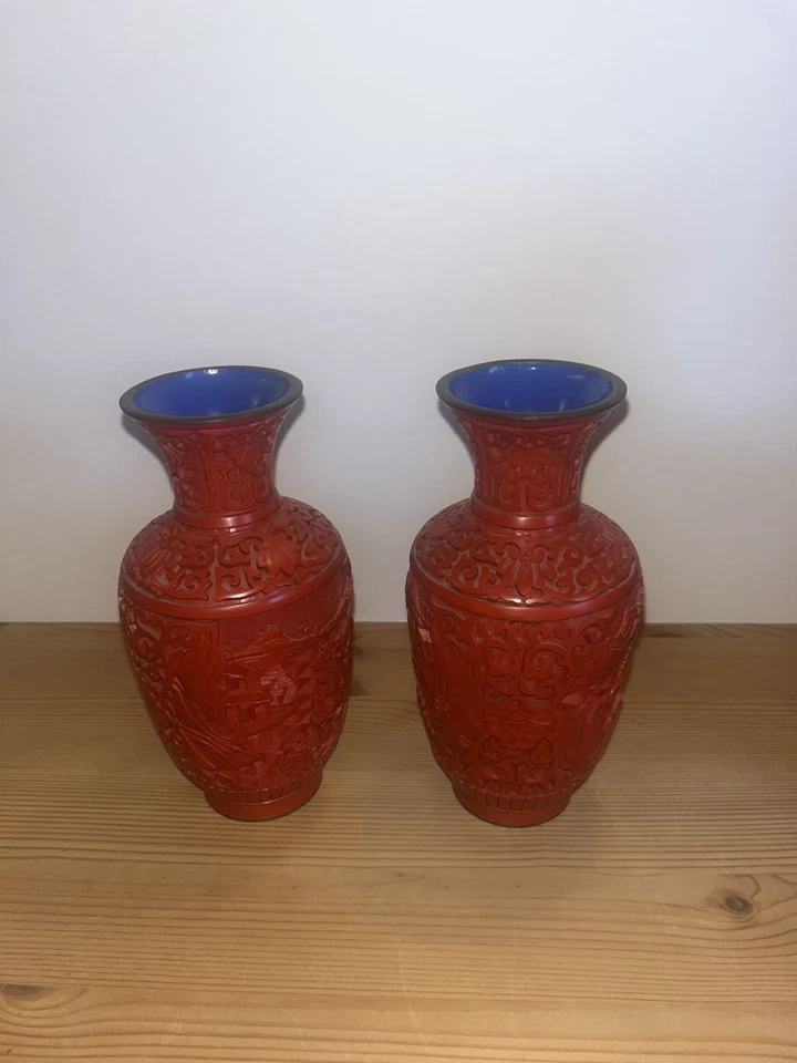 4 rote asiatische Deko-Vasen – Cinnabar-Optik – verschiedene Größen – Set - Bild 4 von 4