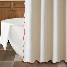 Beige Scalloped Shower Curtain Linen Textured with 12 Metal Hooks Cute Heavy Dut