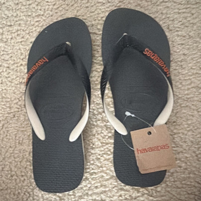 Havaianas Teens Flip Flop Sandals Black/White Logo Slip On Rubber US 9