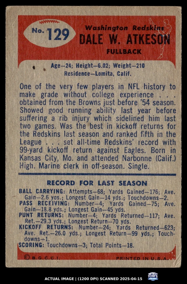 1955 Bowman #129 Dale Atkeson RC Redskins EX - Image 2 of 2