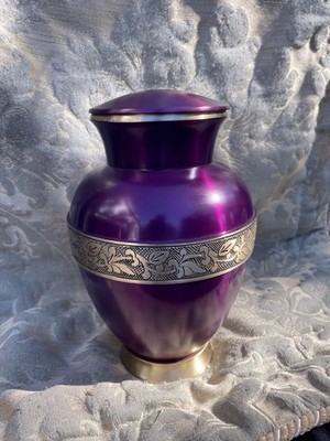Purple Polished Brass Band Foliage Etched Leaf Cremation Urn for Ashes