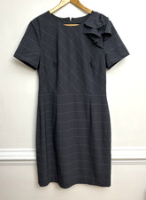 Banana Republic Dress 12 Gray Wool Blend Ruffle Shoulder Windowpane Sheath