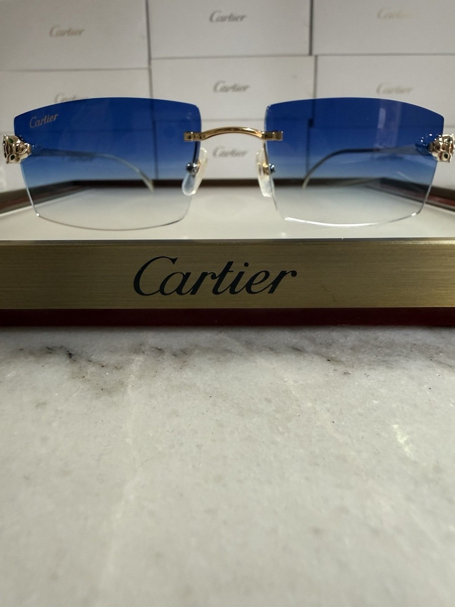 Cartier Panthere Sunglasses Gold With Charming Blue Lenses  display picture 3