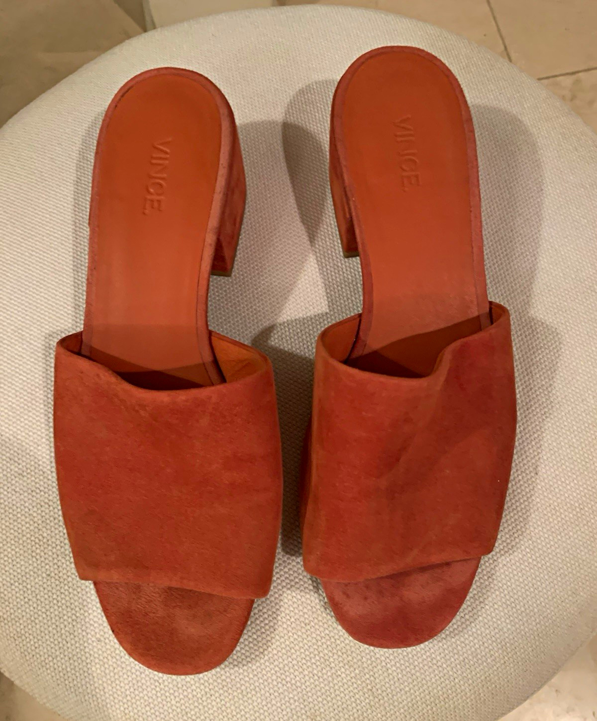 Vince. Women’s Orange Suede Slide Sandals Block Heel US 9 EU 39