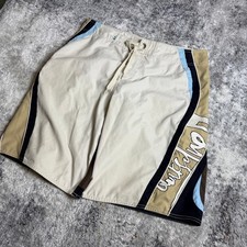 Quiksilver Mens Board Shorts Size 34 Cream Tan Brown Colorblock Swim Trunks Logo