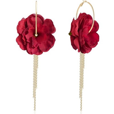 Bohemian Vacation Fabric Flower Gold Tassel Lightweight Clip Earrings Handm - 01