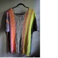 Davi & Dani Tunic Sweater Women L Yellow Orange  Knit Stripe Dolman Fringe NWOT