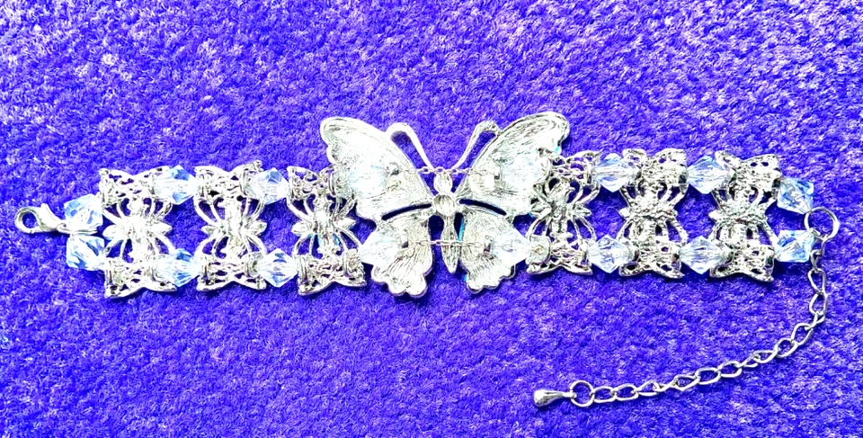 BRAZALETE SLVR VINTAGE🇺🇸1928 MARCA MARIPOSA AZUL CLARO ROJO CRISTAL AUSTRIACO NUEVO SIN ETIQUETAS Foto 4 de 4