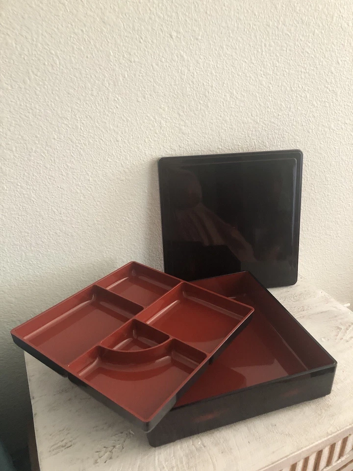 Vintage Bento Box 5 Compartments  Black w/ Red Interior Serving Japanese 3x9x9” - Image 3 of 4