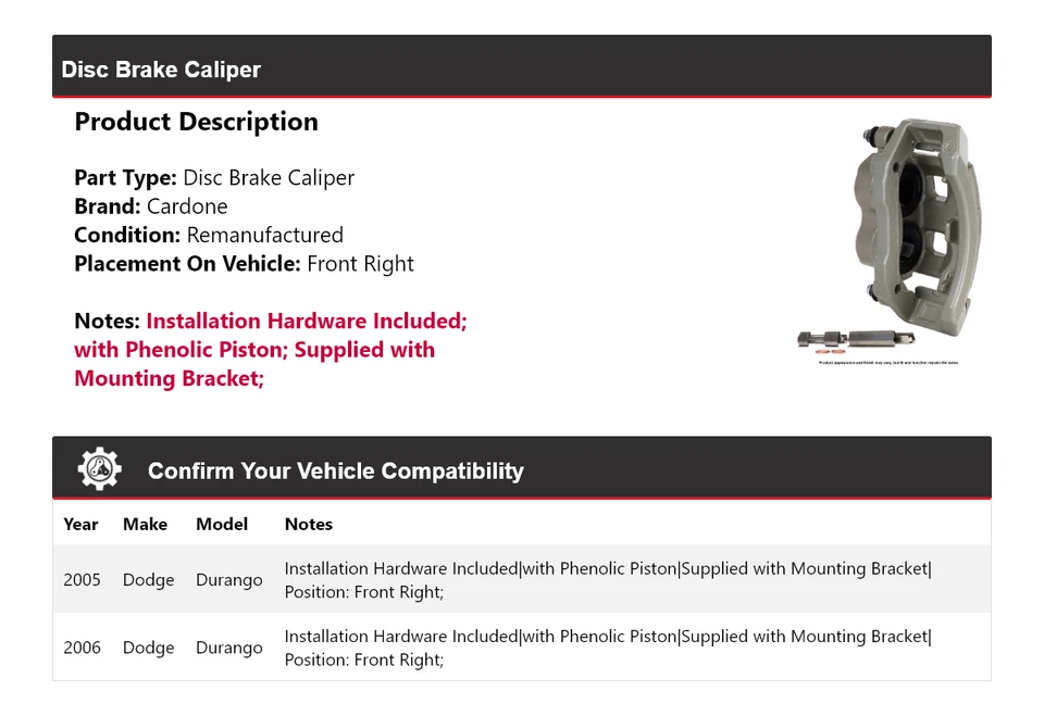 适用于 2005 - 2006 道奇 Durango 盘式制动卡钳右前 Cardone — 第 2/4 张图片
