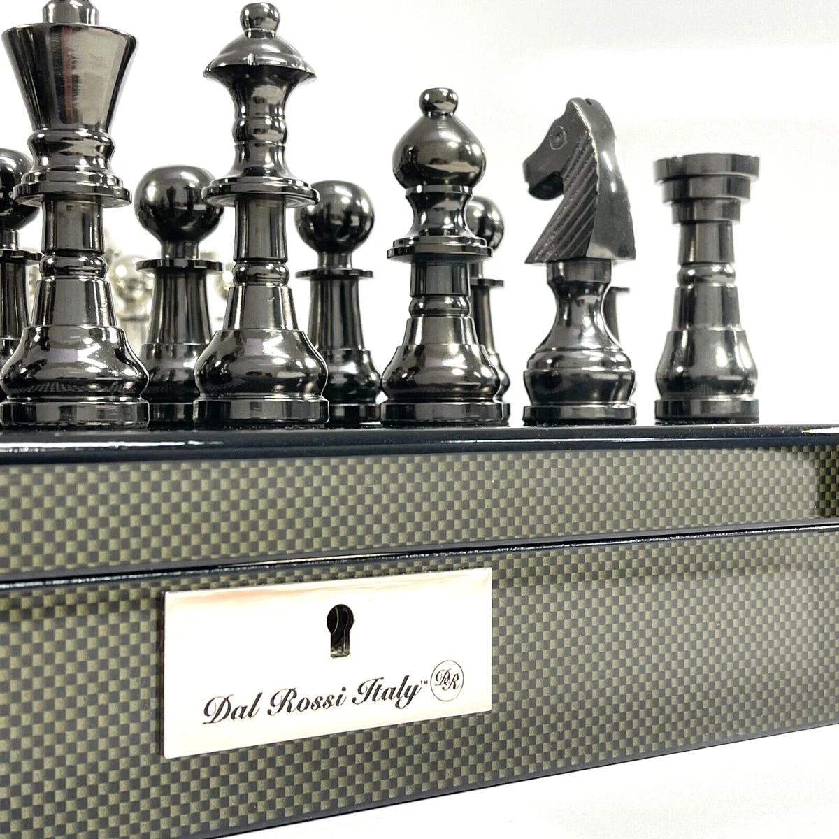 Dal Rossi 20" Carbon Fibre Finish Chess Set with Metal Dark Titanium Silver Pcs