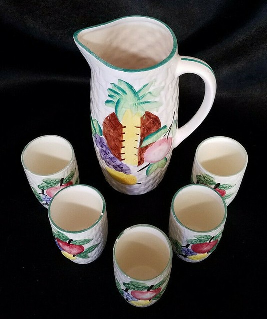 VINTAGE CERAMIC JUICE PITCHER WITH 5 GLASSES HAND PAINTED IN JAPAN eBay