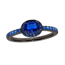 Sterling Silver Black Rhodium Plated Oval Shape Ring w/ Blue Colored CZ Stones