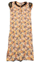 Present Lady Womens Vintage Brown Gold House Dress Floral Embroider Short Sleeve