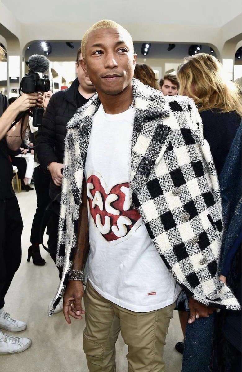 Pharrell Williams wearing CHANEL 16PF checked coat