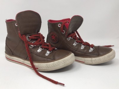 Converse Brown Leather All Star High Tops Red Lace US Junior