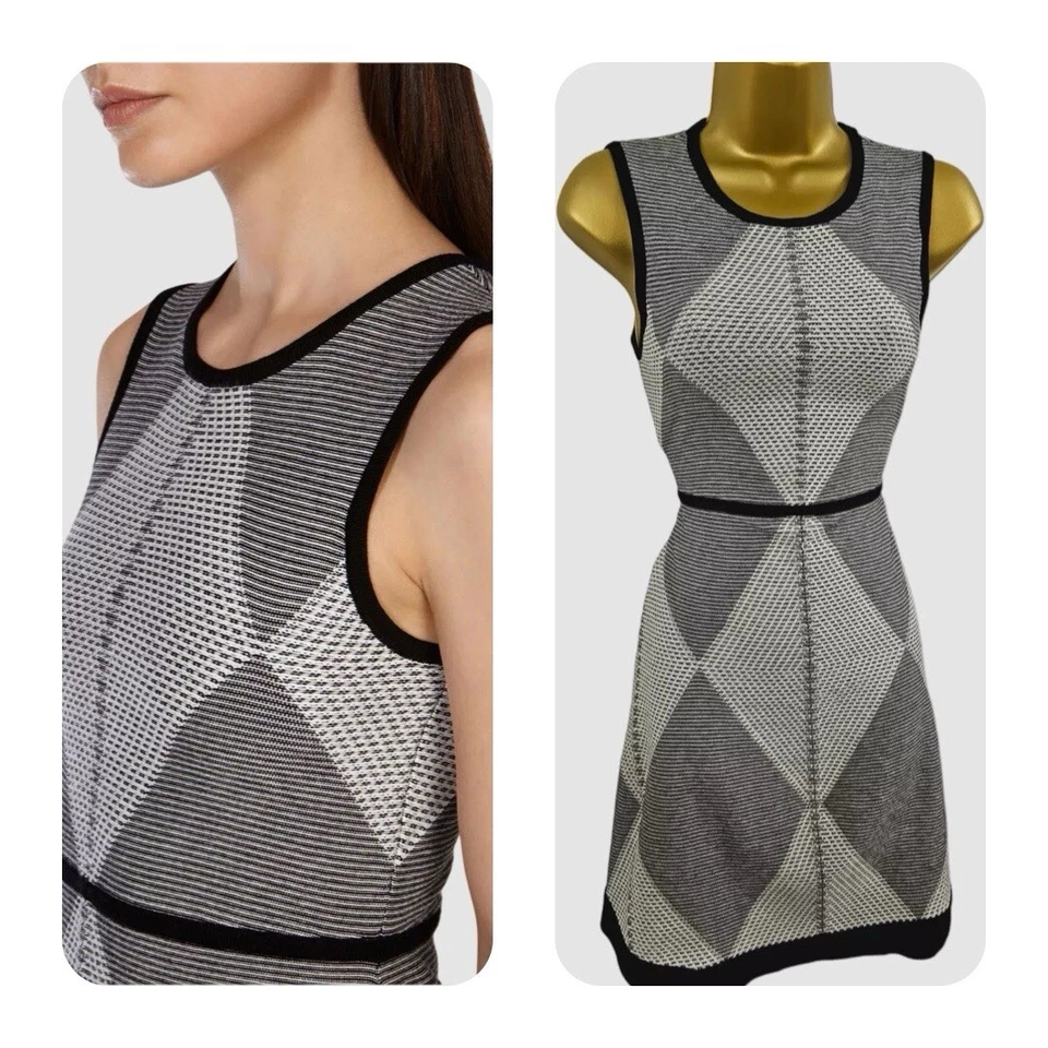 KAREN MILLEN Великобритании 10 винтажный серый черный Argyle тонкий вязаный мини джемпер платье - Изображение 3 из 4
