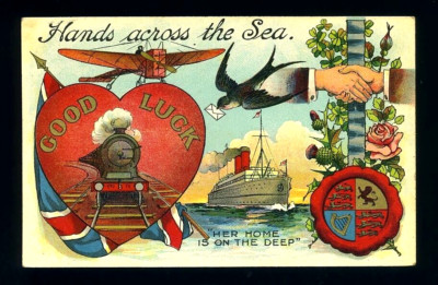 Hands Across the Sea.  Airplane Ship Railway. c1910