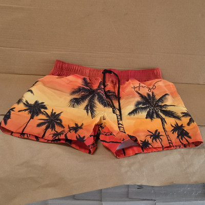 HUGO Badeshorts Herren Gr. M Orange/Schwarz Palmenmuster hawaiianisch