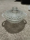 MOONSTONE hobnail Clear OPALESCENT GLASS Candy Dish w Handles Lid Hobnail