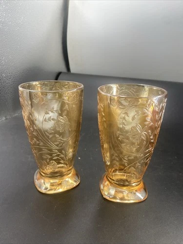 Vintage Depression Glass FLORAGOLD Louisa Jeannette Glass marigold tumblers 8oz