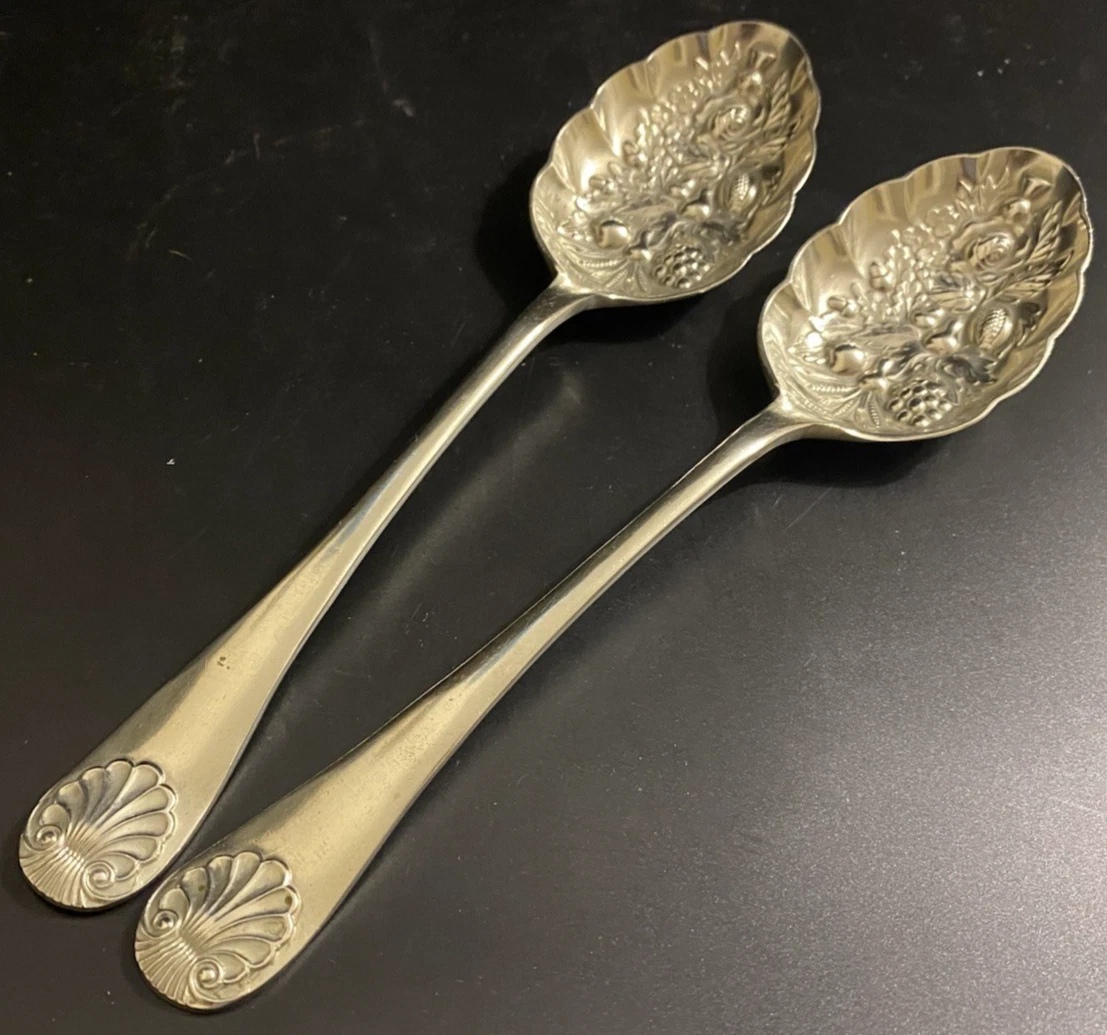 Antique Pair of Victorian Sheffield Nickel Silver Plated Berry Spoons