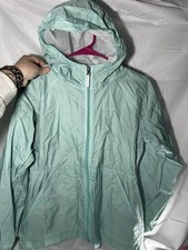 Columbia Girls Light Blue Hooded Windbreaker Jacket 100 Nylon Full Zip Size L