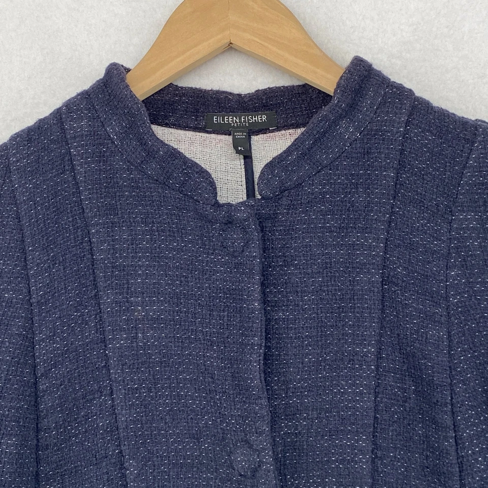 EILEEN FISHER Jacket PL Petite Cotton Linen Tweed Blazer Mandarin Blue - Image 4 of 4