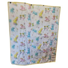 Vintage Baby Quilt With Pastel Toys  Animals Print Yellow Gingham Backing Hand-