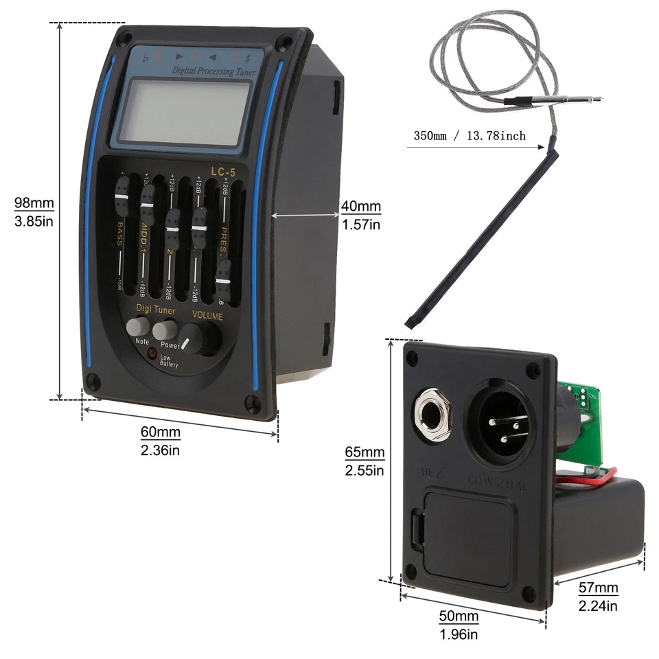 Ecualizador de guitarra de 5 bandas preamplificador acústico ecualizador piezoeléctrico amplificador afinador kit LED Foto 2 de 4