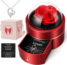 Preserved Rose Forever Flower with Perfect Heart Shape Necklace,Rose in a Box wi