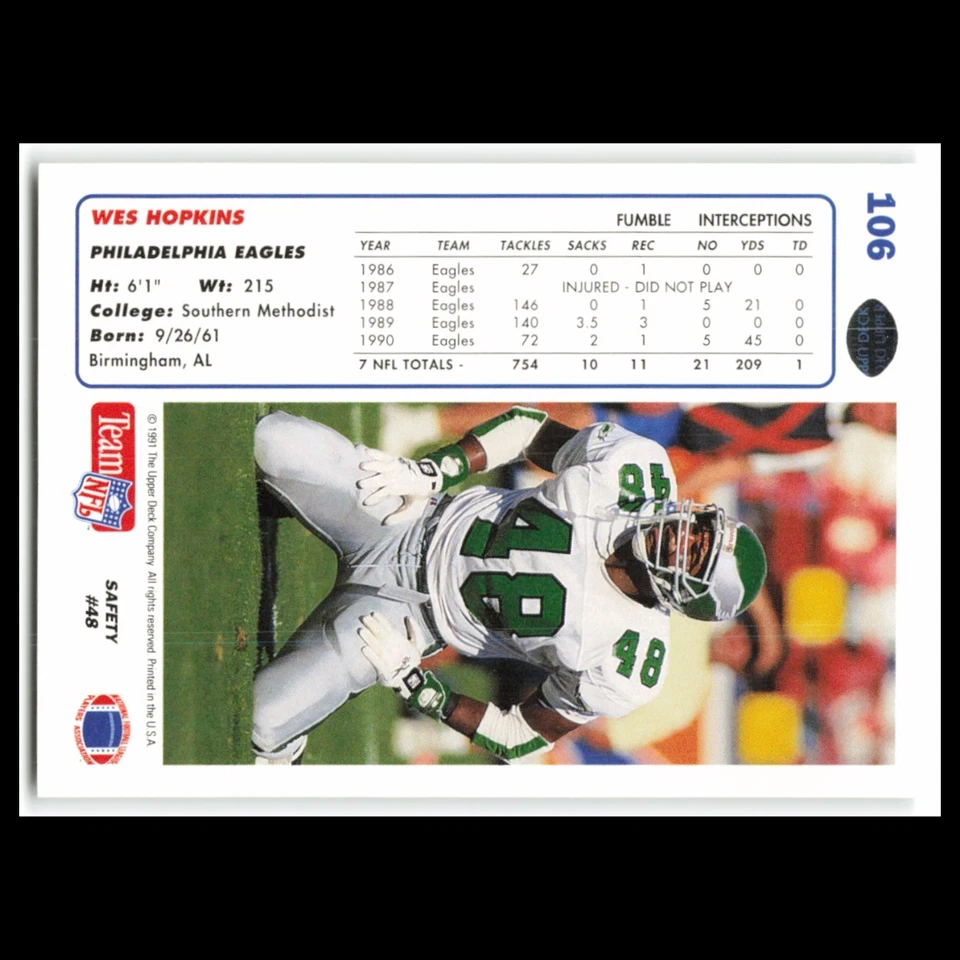 Wes Hopkins #106 1991 Upper Deck Philadelphia Eagles Football Card NFL NM - Image 2 of 3