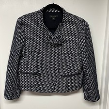 Ann Taylor Navy White Jacket Womens Size 12 Cropped Moto Tweed Zipper Accents