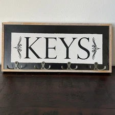 4 Double Hook Wood & Metal Key Holder Rack Wall Hanging 14.5 X 6.5” KEYS