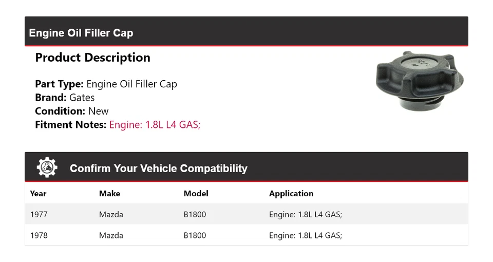 Крышка маслозаливной горловины для газового двигателя Mazda B1800 1,8 л 1977-1978 годов выпуска - Изображение 2 из 4