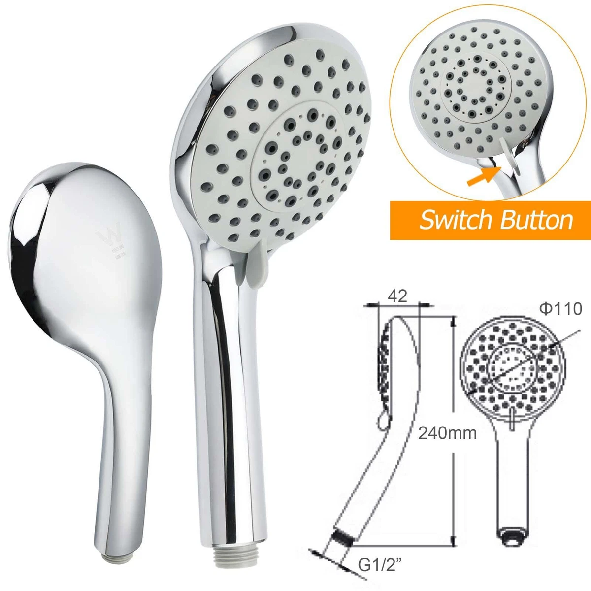 WELS 5 Massage Function Handheld Shower Head Round Spray Rose & 150mm Hose Set