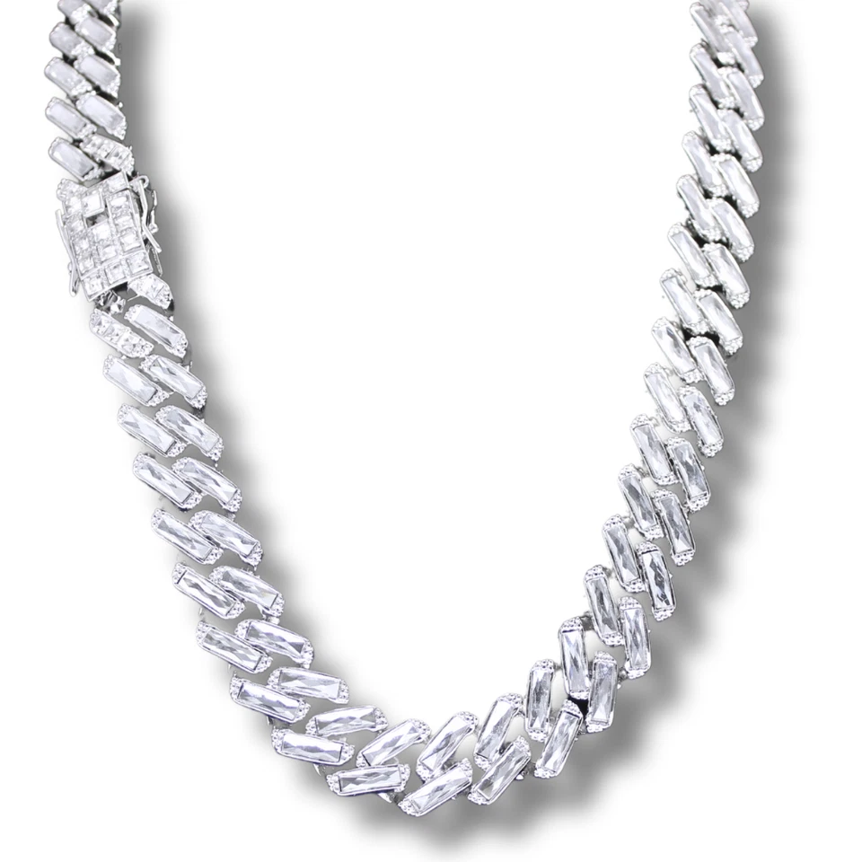 Collar enchapado en plata cuadrado de cadena de circonita cúbica baguette helada de 16 mm para hombre Foto 4 de 4