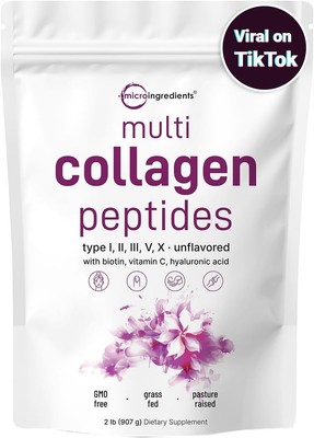 Polvo de colágeno múltiple con biotina, ácido hialurónico, vitamina C, 2 libras
