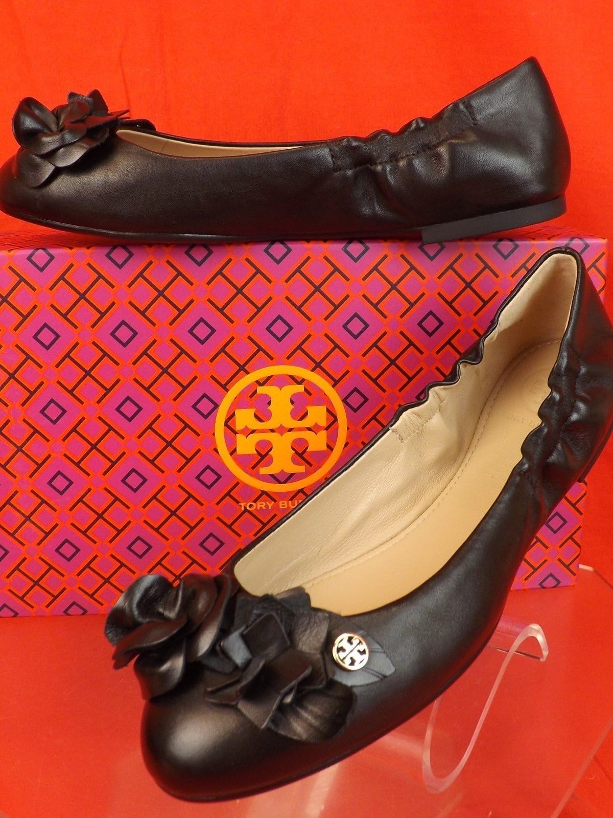 NIB TORY BURCH BLOSSOM BLACK FLOWERS LEATHER GOLD REVA BALLET FLATS 8  887712854936 | eBay