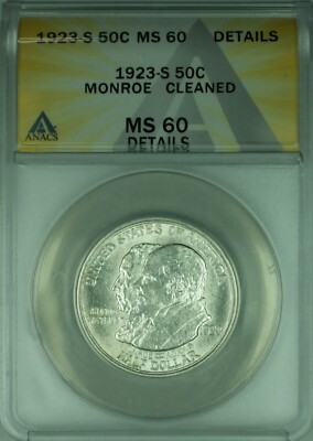 1923-S Monroe Commemorative Silver Half 50c Coin ANACS MS-60