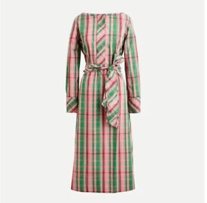 New J Crew Pastel Pink Green Plaid Belted Button Front Cotton Midi Dress 2 | eBay