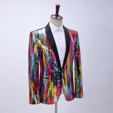 Mens Suit Blazer Top Colorful Glitter Sequin Jacket Dance Costume Wedding Party
